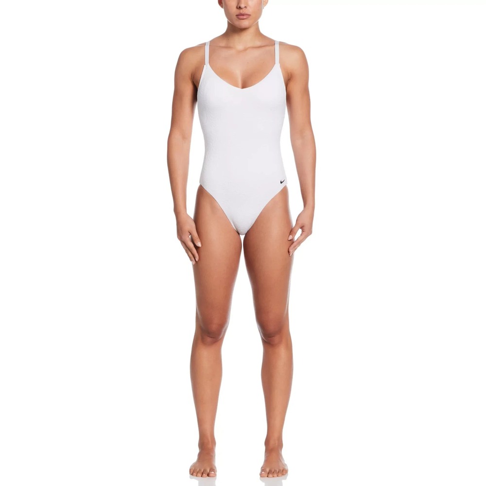 Nike Women'S V-Neck Jacquard One-Piece Swimsuit White Size‎ L MSRP $90 - Picture 7 of 16